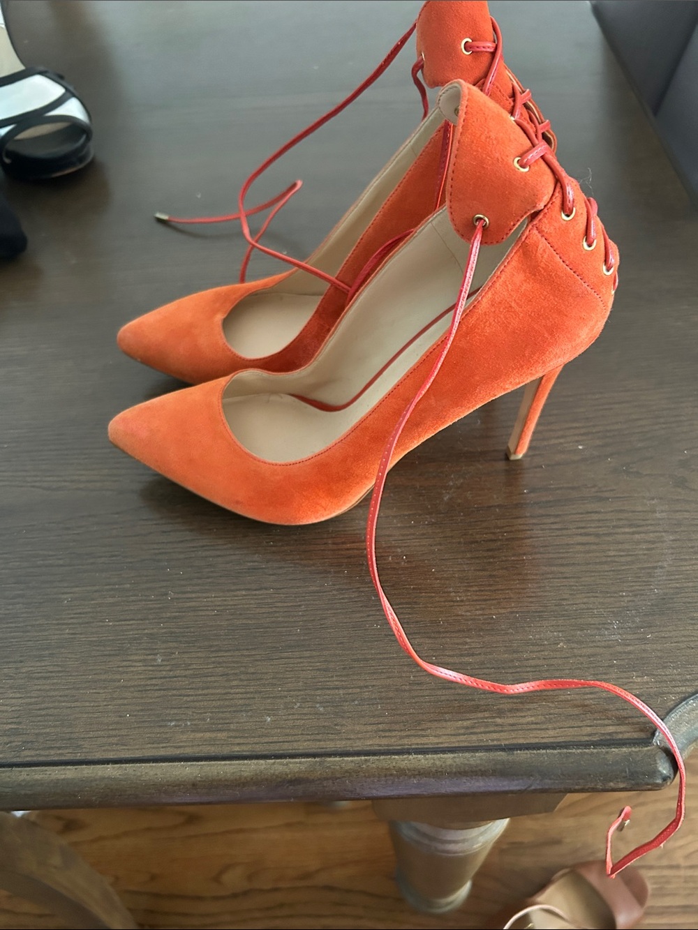 Nine West Orange Suede Pointed-Toe Lace-Up Heels